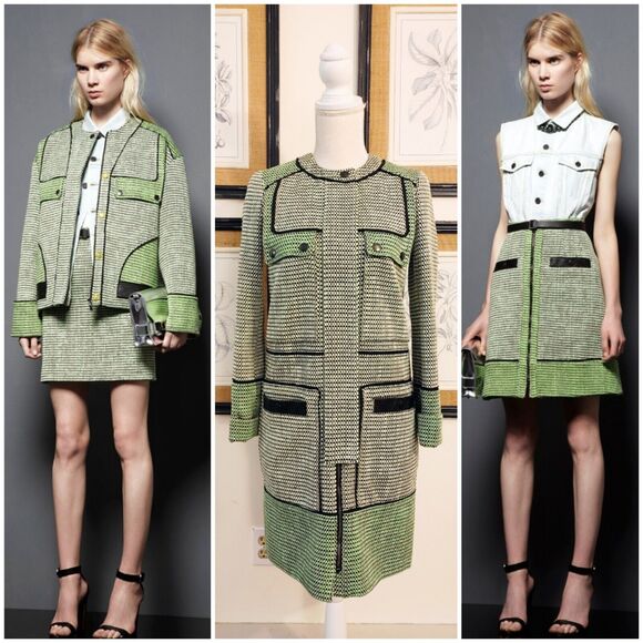 RARE Proenza Schouler Runway Tweed & Leather Green Black Long Coat $2275 Sz 0 - Picture 2 of 12